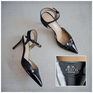 Classic Black Coach Vierra Slingback Pointed Toe Patent Leather Cocktail Heels